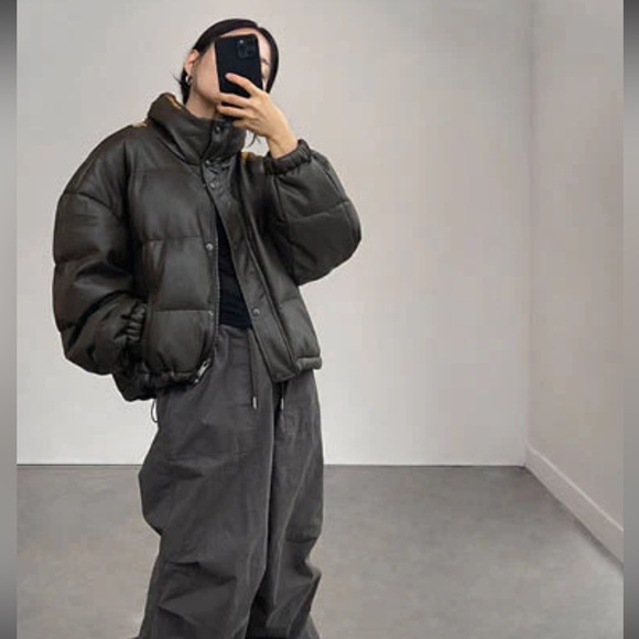 OAK + FORT Puffer Brown Cropped Coat - Picture 4 of 10